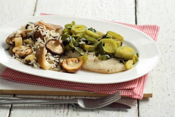 victoria perch with leek and mushroom rice