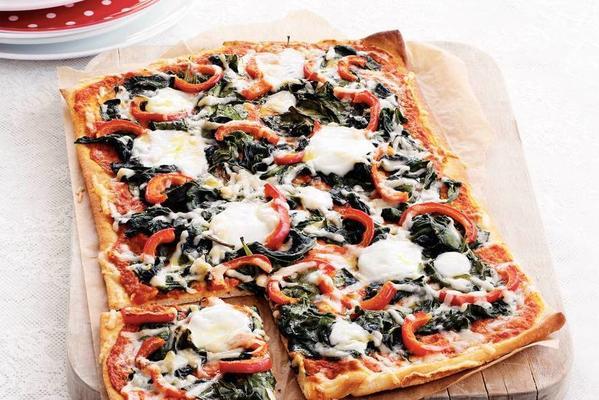 plate pizza with spinach and two types of cheese