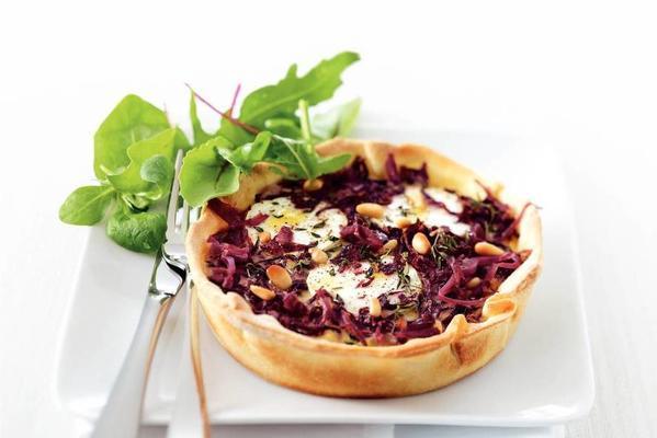 red cabbage pie with goat cheese and pine nuts