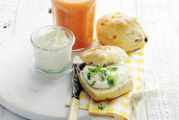 scones with lemon cream cheese and smoothie