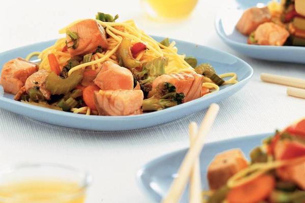 noodles with salmon and stir-fry vegetables