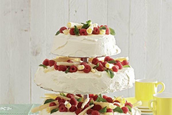 party cake with raspberries and white chocolate