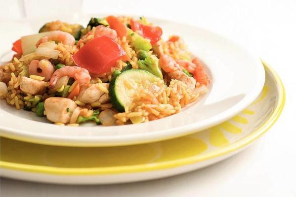 fast paella with chicken and prawns