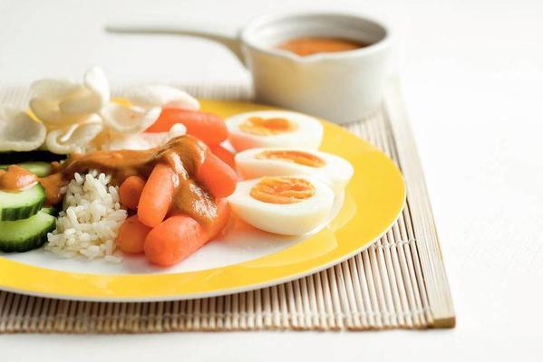 indian vegetable dish with eggs and peanut sauce