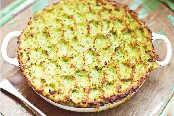 blissful fish pie with peas