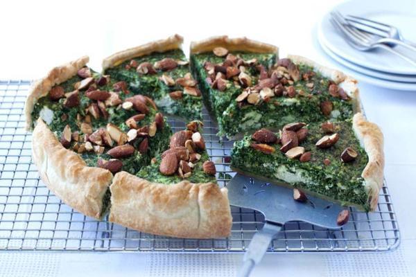 spinach and goat cheese quiche with almonds