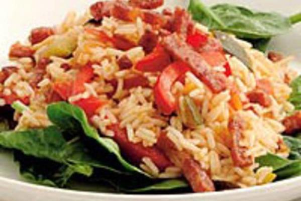 rice dish with bacon strips