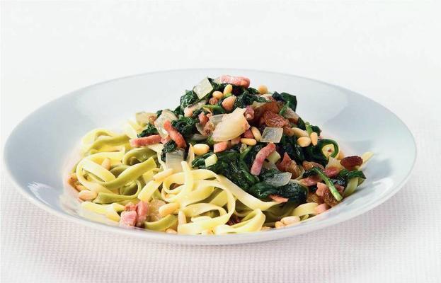tagliatelle with spinach, bacon and pine nuts