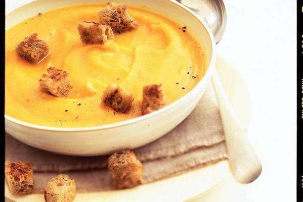 hearty pumpkin soup with baked croutons