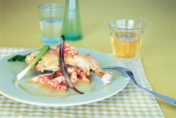 coq au vin blanc with crayfish and vanilla