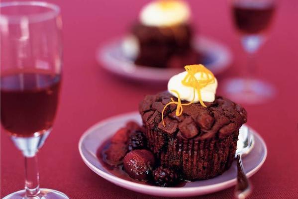 chocolate cake with forest fruit sauce