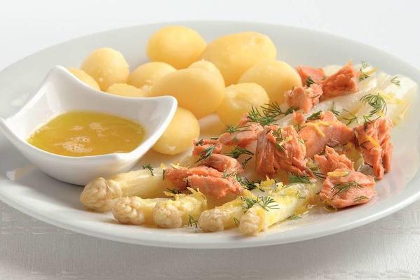white asparagus with salmon and lemon butter