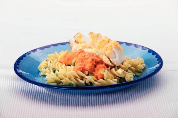 pasta with paprika sauce and cod fillet