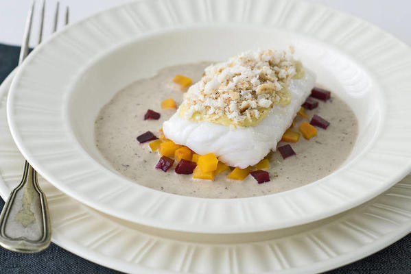 cod with pumpkin and beetroot in veal cream sauce