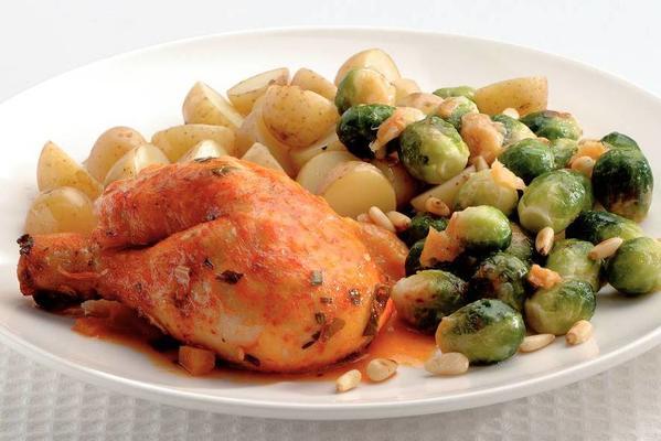 farm chicken from the oven with sprouts