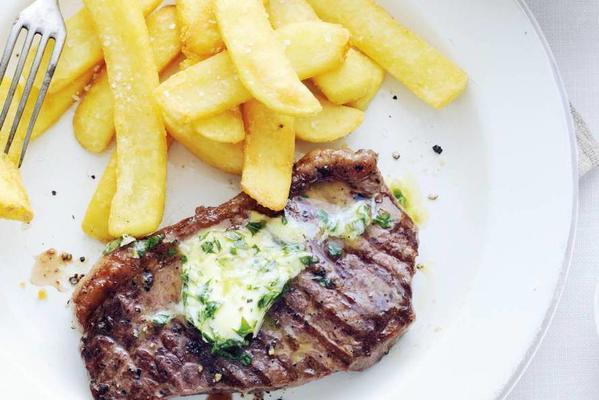sirloin steak with herb butter and thick fries