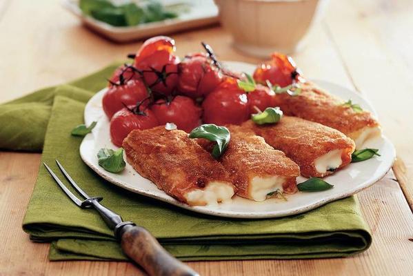 cheese schnitzel with roasted tomatoes