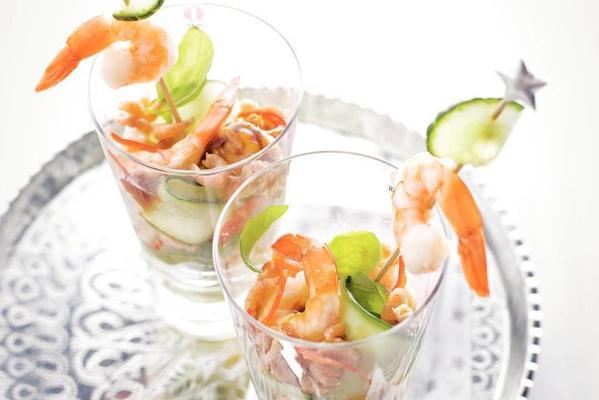 shrimp cocktail with red pepper and cucumber