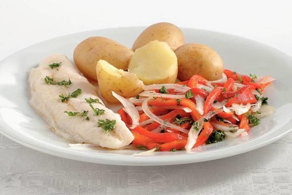 pangasius, new potatoes and peppers