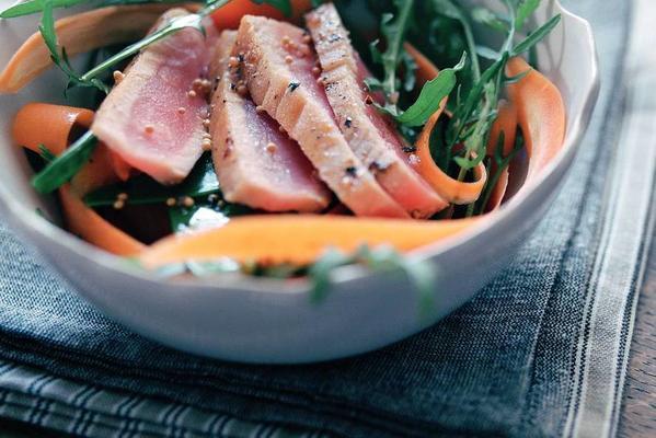 salad with carrot ribbons and tuna