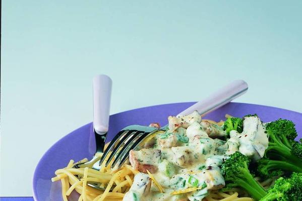 spaghetti with herb cream cheese and broccoli salad