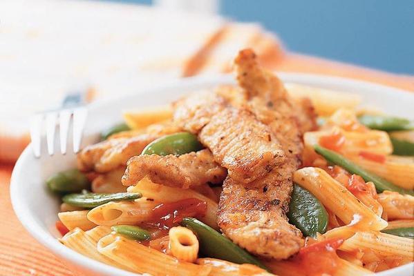 pasta with fresh tomato sauce and spicy fish bars
