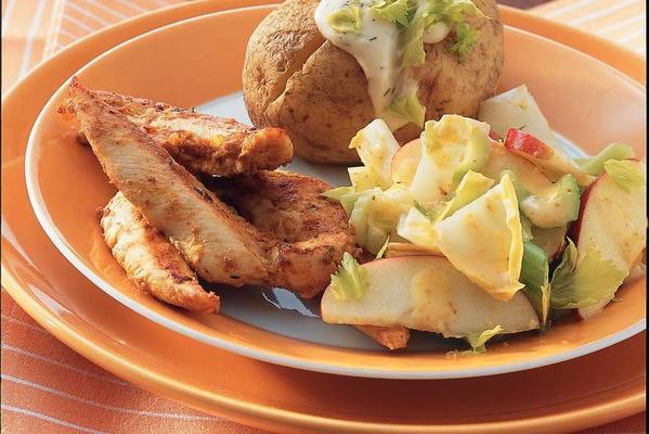 chicken with mustard, puff potatoes and chicory salad