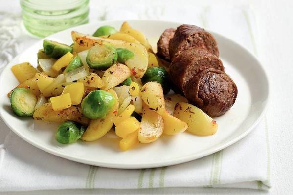 Tuscan potato wedges with Brussels sprouts and finches
