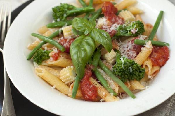 penne with mini vegetables, tomato and basil