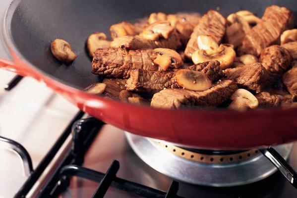 fried steak with mushroom-port sauce