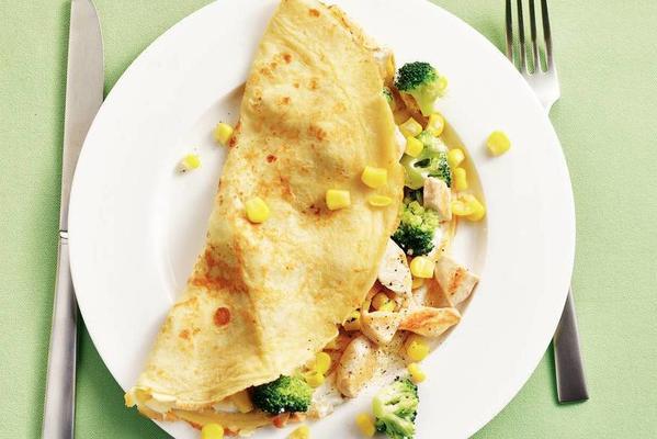 pancake chicken, corn and broccoli
