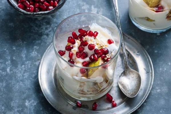 yogurt with pear and pomegranate seeds