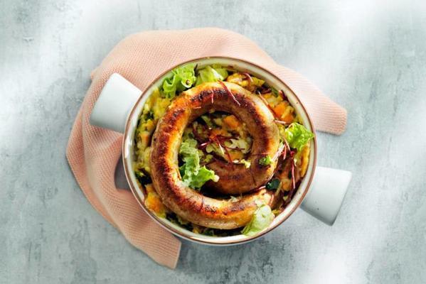 leek-salad stew with sweet potato and fresh sausage
