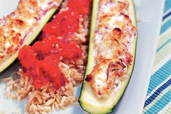 stuffed zucchini with goat's cheese and tomato sauce