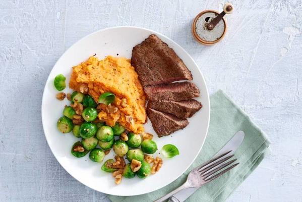beef steaks with sprouts and sweet potato mash