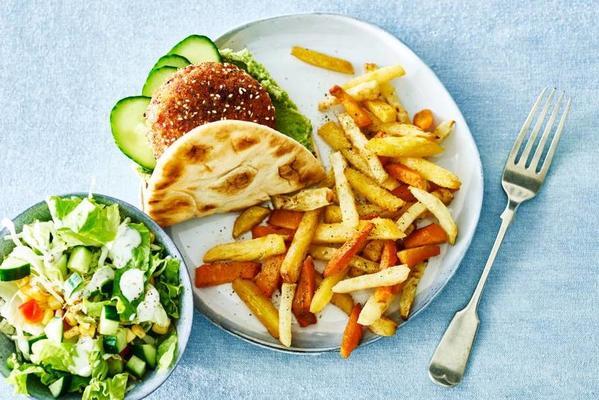 vegetarian mexican chilli burger with vegetable fries and salad