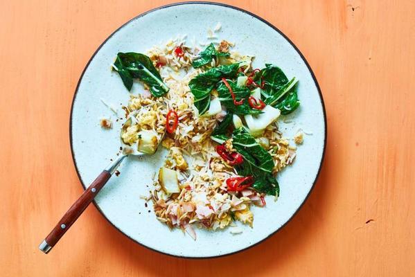 nasi with ham, egg and spicy pak choi