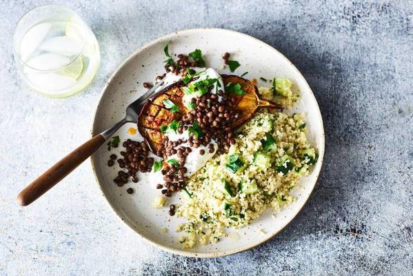 roasted eggplant with lentils and cucumber couscous