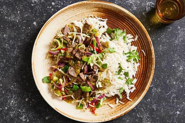thai curry with beef, wok vegetable and basmati rice