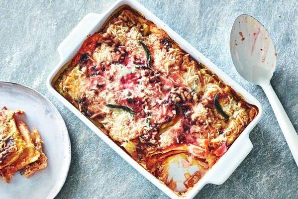 lasagne of pumpkin with beetroot, mascarpone and goat cheese