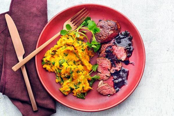 beef tenderloin with red wine sauce and sweet potato stew with watercress