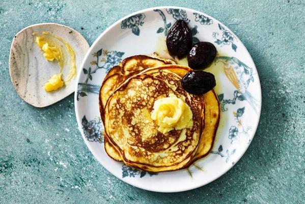 ricotta pancakes with honey butter and prunes