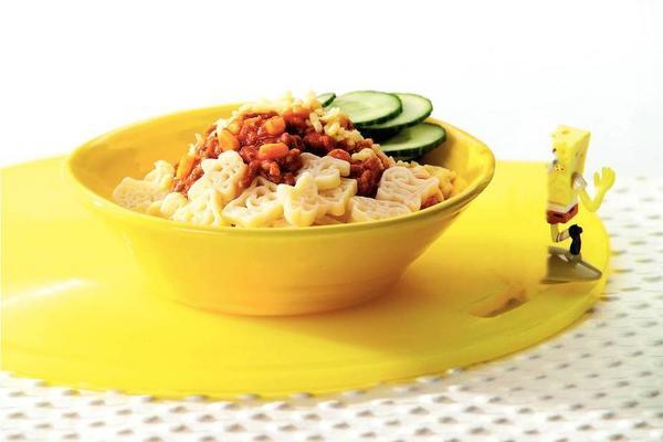 funpasta with bolognese sauce and corn