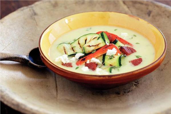 potato soup with salami and goat cheese