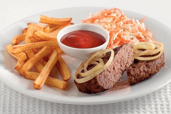beefburgers with fries and coleslaw