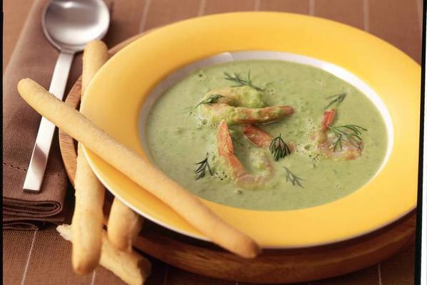 garden pea soup with cocktail shrimp and dill