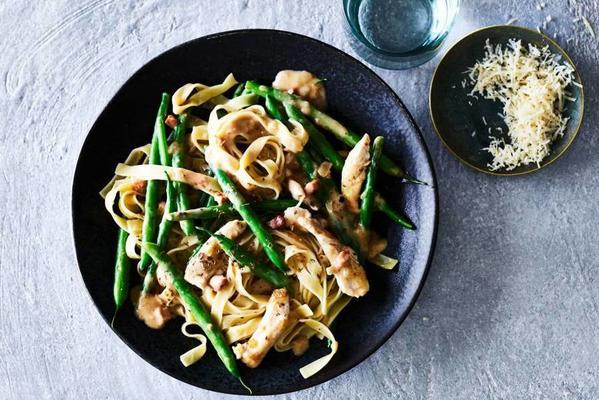 tagliatelle carbonara with chicken and green beans