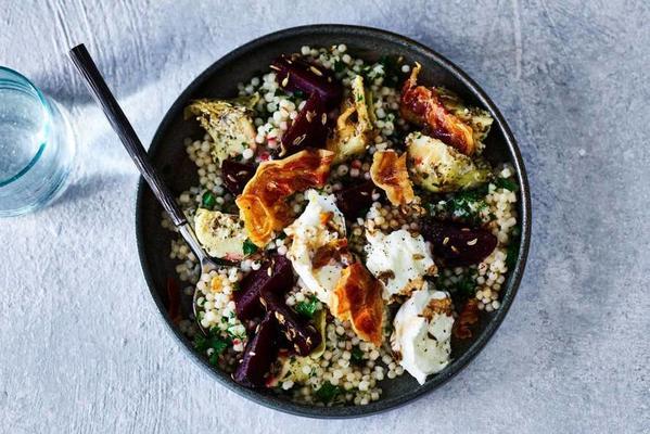 pearl couscous with roasted beet, artichoke, mozzarella and pancetta