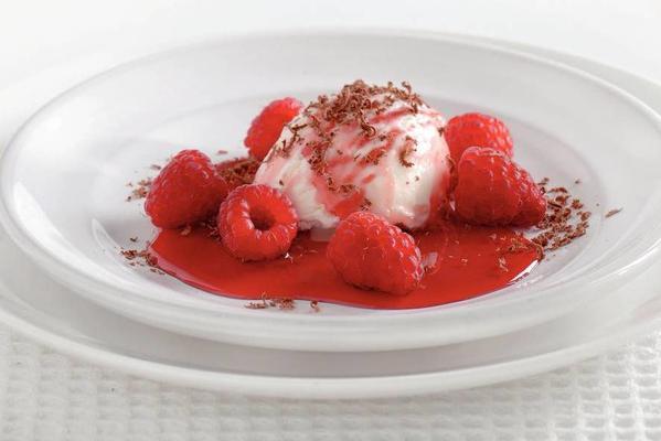 ice cream with raspberries and rosemary syrup