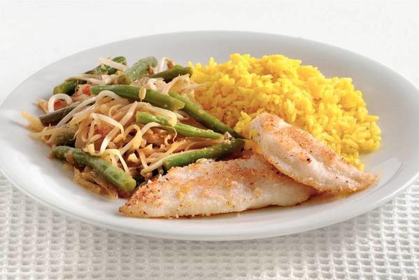 breaded pangasius fillet with yellow rice